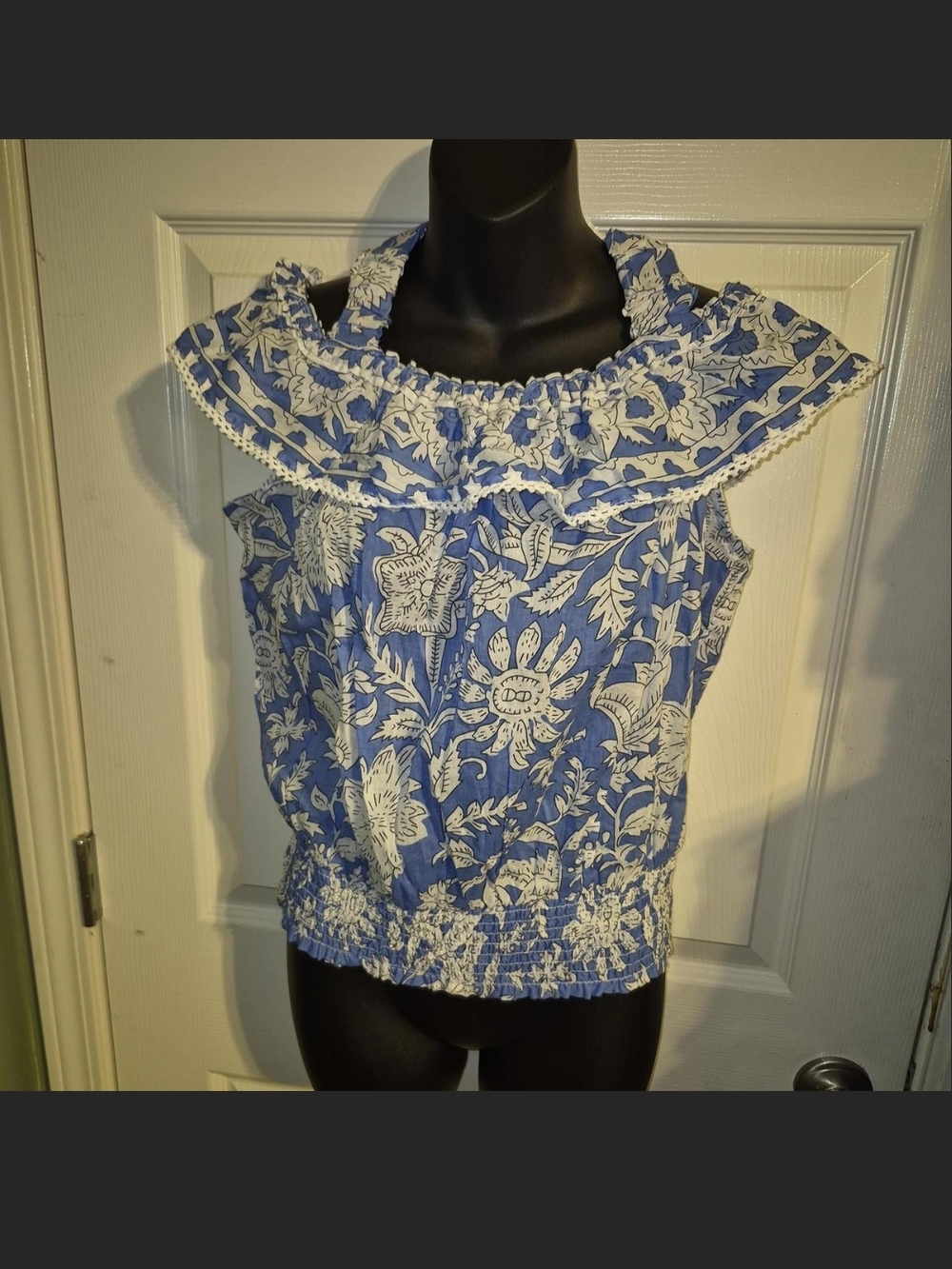 Blue Floral Ruffled Off-Shoulder Blouse